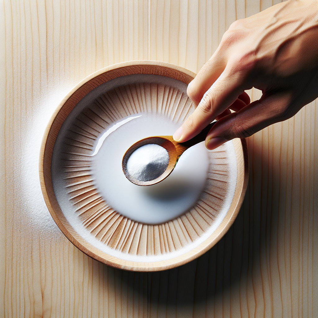 A close-up, top-down view of a light-colored wooden table with a prominent fresh oil stain. A hand is gently sprinkling white powder, like baking soda, from a small spoon directly onto the stain. The setting is bright and clean, emphasizing the process of removing the stain. Realistic, high-detail photography.