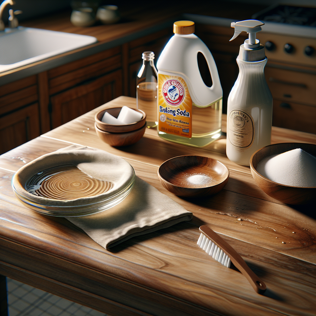 A clean, polished wooden kitchen table with a subtle, very faint ghost of a removed oil stain. Arranged neatly beside it are small, simple containers of baking soda, cornstarch, and a bottle of dish soap, along with a clean white cloth. The lighting is soft and natural, highlighting the wood grain and the effectiveness of home remedies. Realistic, warm tones.