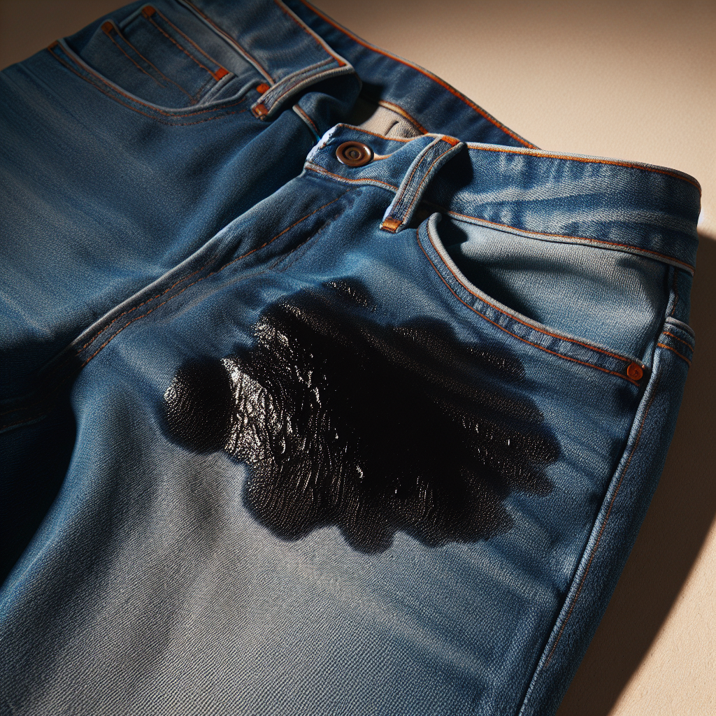 A close-up shot of a prominent, dark oil stain on the thigh of a pair of casual blue jeans. The denim fabric texture is clearly visible around the greasy, irregular-shaped stain, emphasizing its unwanted presence. The lighting is natural and clear, highlighting the contrast between the fabric and the dark oil mark, conveying a common laundry challenge. The jeans are lying flat on a neutral background.