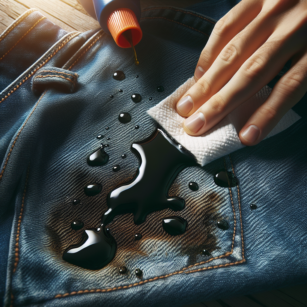 A close-up, high-detail photograph of a dark, fresh oil stain on a textured blue denim jean leg. A hand is gently dabbing the stain with a white paper towel, highlighting the urgency and initial steps of stain removal. Bright, natural lighting, realistic photography style.