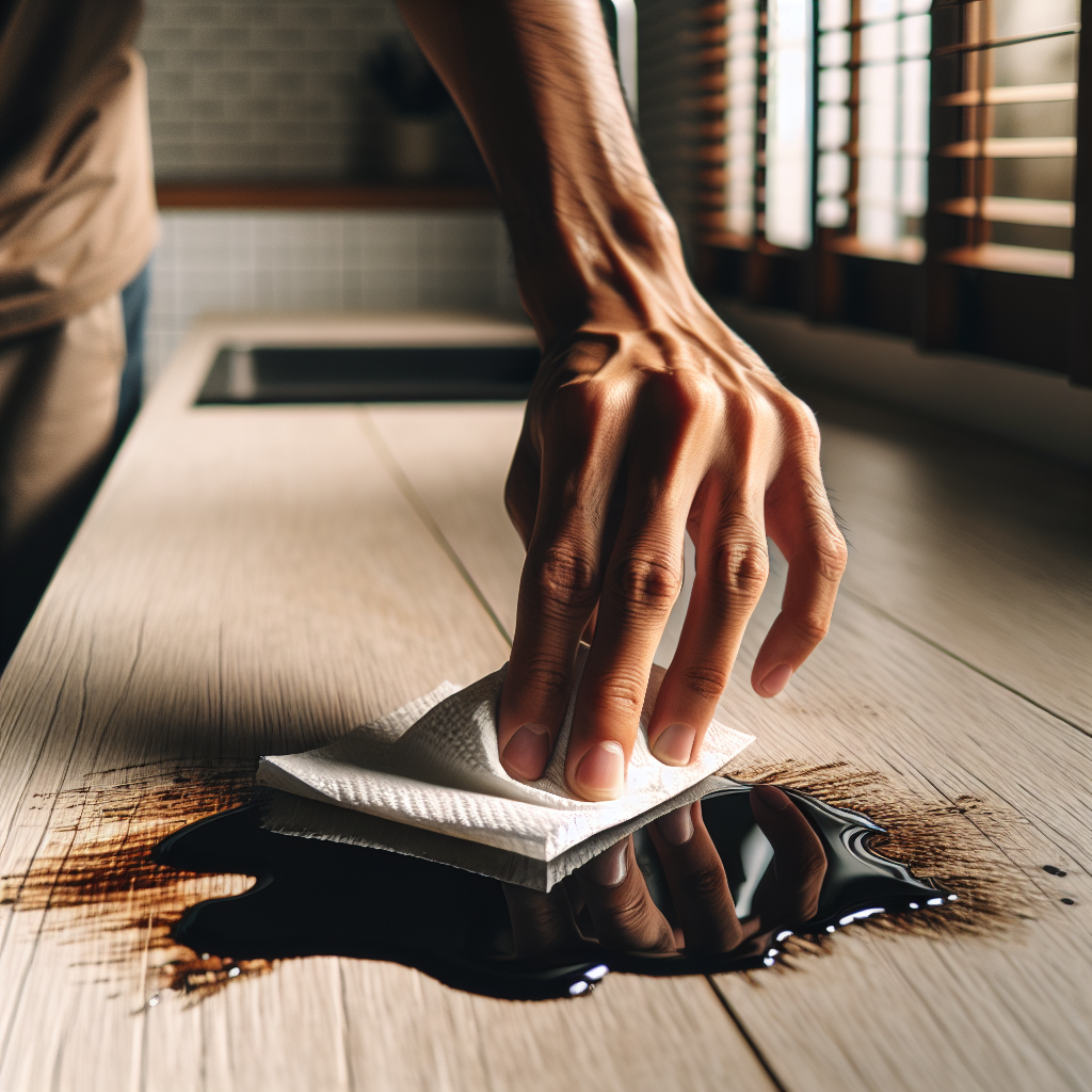 Close-up shot of a dark, greasy oil stain on a light wooden kitchen countertop or table. A hand with a white paper towel is gently dabbing the fresh spill, attempting to absorb the excess oil before it soaks deeper into the wood. The image should convey a sense of urgency and initial clean-up, with natural lighting.