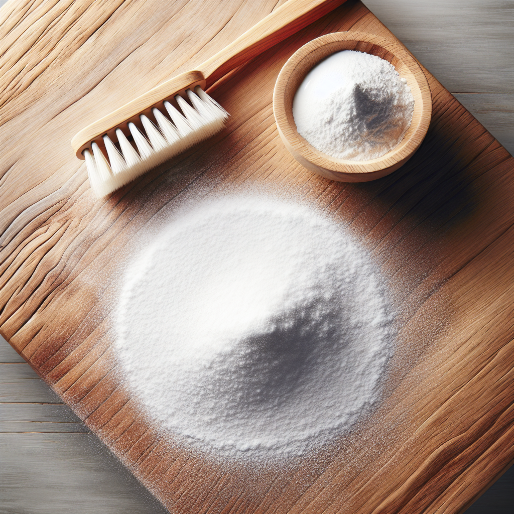 Overhead shot of a wooden table surface with a visible, dried oil stain. A heap of white powder (like baking soda or babypowder) is generously poured directly over the stain, with a small soft brush or toothbrush placed nearby, ready to work the powder into the wood. The setting is clean and well-lit, focusing on the stain removal process.