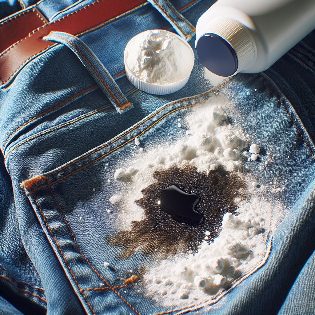 A close-up, detailed shot of a noticeable, dark oil stain on a pair of light blue denim jeans. Beside the stain, a small pile of white absorbent powder (like baking soda or baby powder) is ready to be applied. The lighting is bright and natural, highlighting the texture of the fabric and the powder, in a realistic photography style.