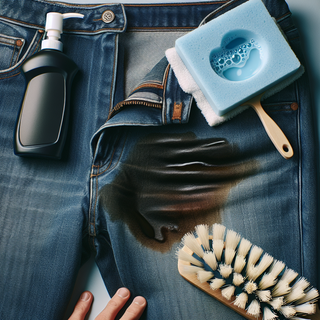 A close-up shot of a pair of classic blue denim jeans with a dark, visible oil stain on one leg. Beside the stain, a small bottle of dish soap and a soft brush are placed, indicating the cleaning process. Bright, clean lighting, realistic photography style.