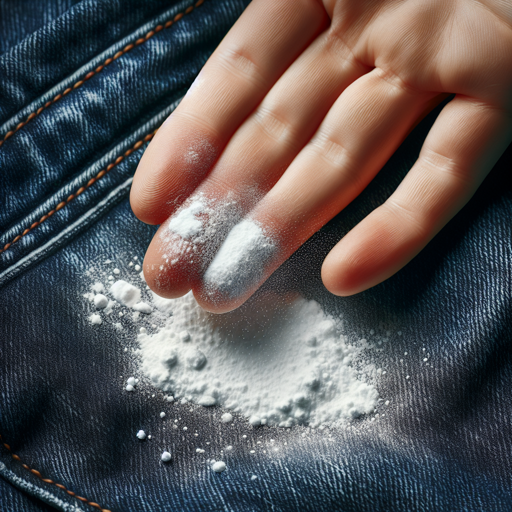 An overhead shot of a hand gently sprinkling white powder, like baking powder or baby powder, directly onto a fresh, greasy oil stain on a dark blue denim fabric. The powder is visibly absorbing into the stain. Detailed, realistic, helpful scene.
