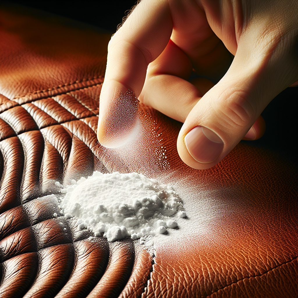 A close-up shot of a hand gently sprinkling white absorbent powder (like cornstarch or baby powder) onto a fresh, dark oil stain on a light brown leather surface, such as a couch or bag. The texture of the leather, the oil stain, and the powder should be clearly visible. Realistic, bright lighting.
