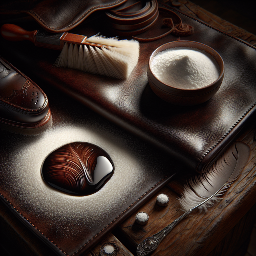 A still life image featuring a a subtle oil stain on a piece of rich brown leather (e.g., a jacket or upholstery). Nearby, a small pile of white powder (like baking soda or cornstarch) and a soft brush are arranged, symbolizing the cleaning process. Clean, well-lit, realistic.