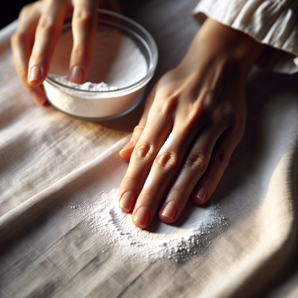 Close-up, top-down view of a person's hand carefully sprinkling a white, fine powder (like baking soda or talcum powder) onto a dark, fresh oil stain on a light-colored fabric. The fabric appears to be cotton or linen, laid flat on a clean surface. Soft, natural light, home setting, shallow depth of field.