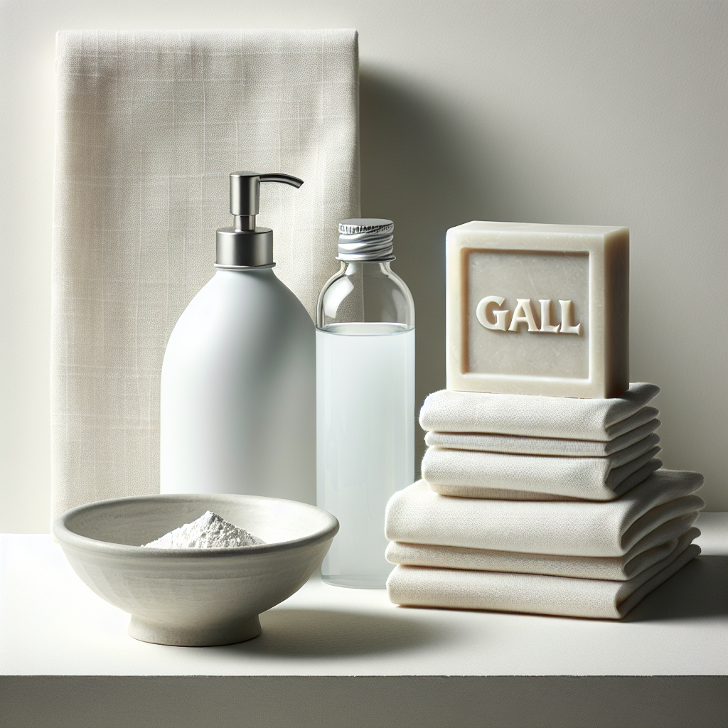 A minimalist still life photo featuring various household stain removal items: a bar of traditional gall soap, a sleek bottle of clear dish soap, a small ceramic bowl filled with white powder (like baking powder), and a neatly folded, perfectly clean, white fabric swatch. Arranged on a light, neutral background with bright, even studio lighting, emphasizing cleanliness and effectiveness.