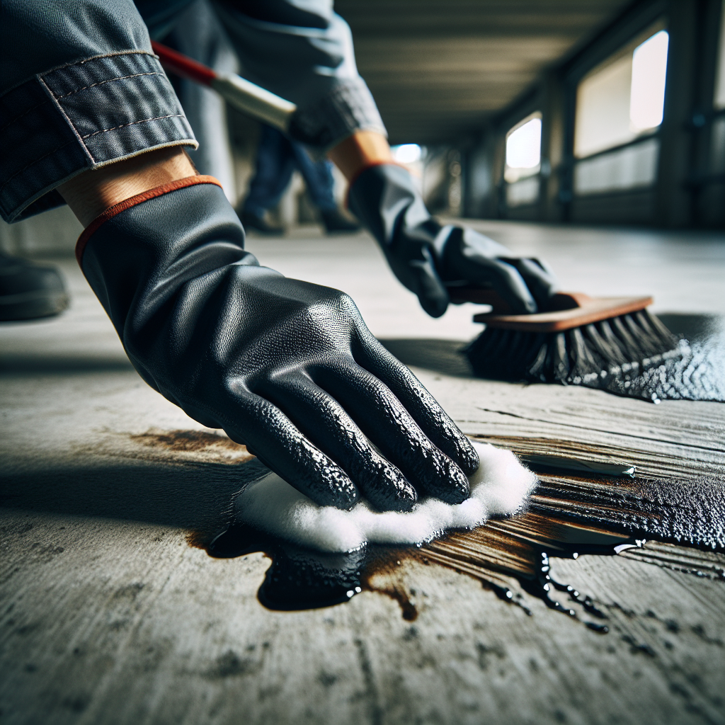 A close-up, high-angle shot of a person's gloved hand diligently cleaning a dark, stubborn oil stain on a grey concrete garage floor. The stain is visibly being lifted or treated with a white absorbent powder or a cleaning solution. The scene is well-lit, emphasizing the texture of the concrete and the detail of the cleaning action. Realistic, focused, practical.