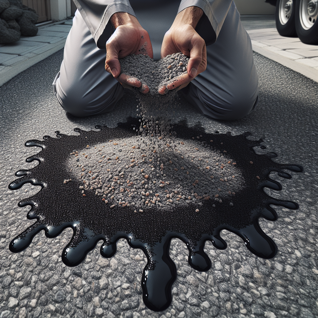A fresh, dark oil stain on a textured asphalt driveway, with a person's hands generously sprinkling a light-colored absorbent material like cat litter or sand over it. The scene captures the initial urgent response to an oil spill, showing the contrast between the dark stain, the gray asphalt, and the applied granules. Realistic, slightly overhead view, outdoor lighting.