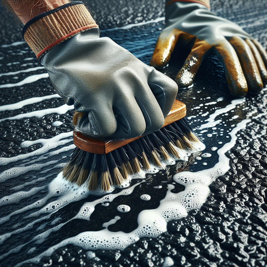 A close-up, dynamic shot of a person's hands, wearing work gloves, vigorously scrubbing a stubborn oil stain on a rough asphalt surface with a stiff-bristled brush. White soap suds and a small stream of hot water are visible where the brush is working, indicating the use of home remedies like dish soap. The scene conveys active cleaning and effort, with clear texture of the asphalt. Realistic, outdoor setting.
