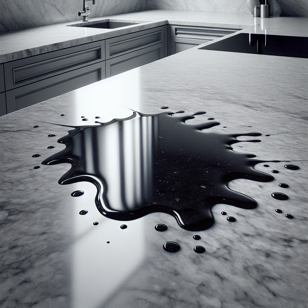 A close-up, high-angle shot of a noticeable, dark oil stain on a pristine, polished light grey granite kitchen countertop. The granite surface is smooth and reflects soft studio lighting, highlighting the contrast between the elegant stone and the visible stain, conveying the problem. Photorealistic style.