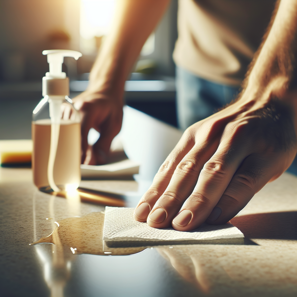A pair of hands, seen from a first-person perspective, gently dabbing a fresh oil stain on a beige or light grey granite surface with a white paper towel. A small bottle of mild dish soap and a soft sponge are visible blurred in the background, suggesting cleaning tools. Bright, natural lighting, focus on the action of stain removal.