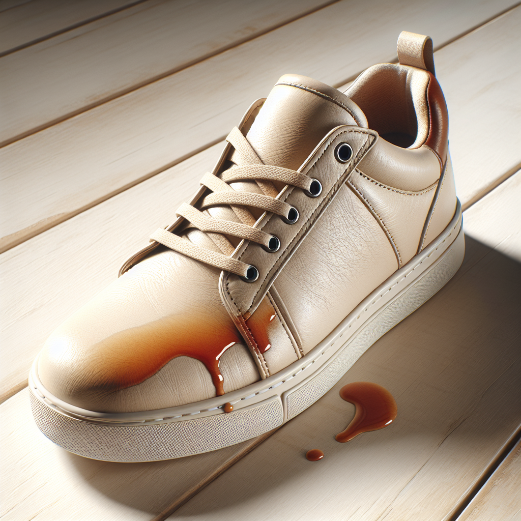 Close-up of a stylish, light-colored leather sneaker with a noticeable, fresh oil stain on its toe area. The shoe is placed on a clean, light wooden surface, well-lit by natural light. The focus is sharp on the stain and shoe, with a shallow depth of field, photorealistic, high detail.