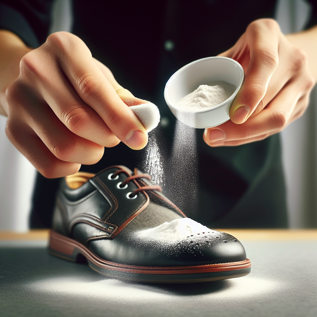 A pair of hands is carefully sprinkling white absorbent powder (like baking soda or cornstarch) from a small bowl onto a fresh oil stain on a dark textile shoe. The powder is visible falling and starting to cover the stain. The background is a softly blurred, clean household counter, well-lit, close-up, photorealistic, action shot.