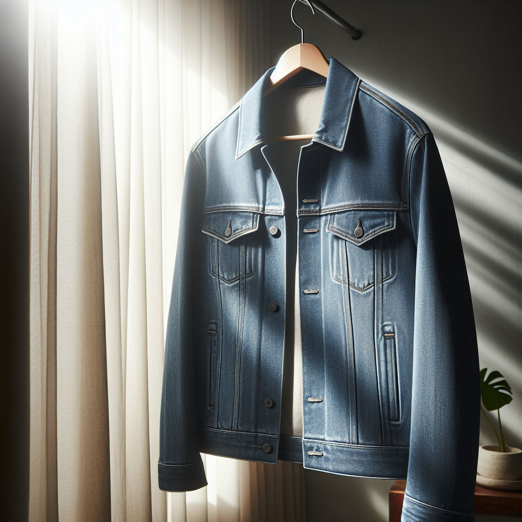 A clean, stylish, and stain-free casual jacket (e.g., a dark blue denim jacket or a light canvas jacket) hanging perfectly, illuminated by soft, natural light coming through a window. The setting is a bright, tidy room, evoking a sense of freshness and successful cleaning. Focus on the texture and pristine condition of the fabric, realistic photo style.
