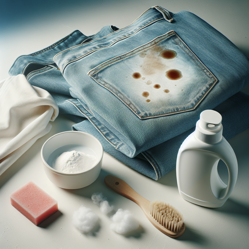 A visual representation of various common household items arranged around a piece of clothing (e.g., a white shirt or denim) with a faded or partially removed oil stain. The items include a bottle of dish soap, a small bowl of baking soda, and a clean cloth or a soft brush. The setting is bright and clean, conveying a sense of effective home remedies and successful cleaning. Realistic style, soft, natural lighting.