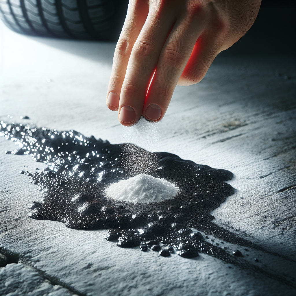 Ein Detailfoto eines dunklen Ölfelcks auf hellem Garagenbeton, über den eine Hand vorsichtig feines, weißes, saugfähiges Pulver (wie Backpulver oder Katzenstreu) streut. Helle, klare Beleuchtung, realistischer Stil.