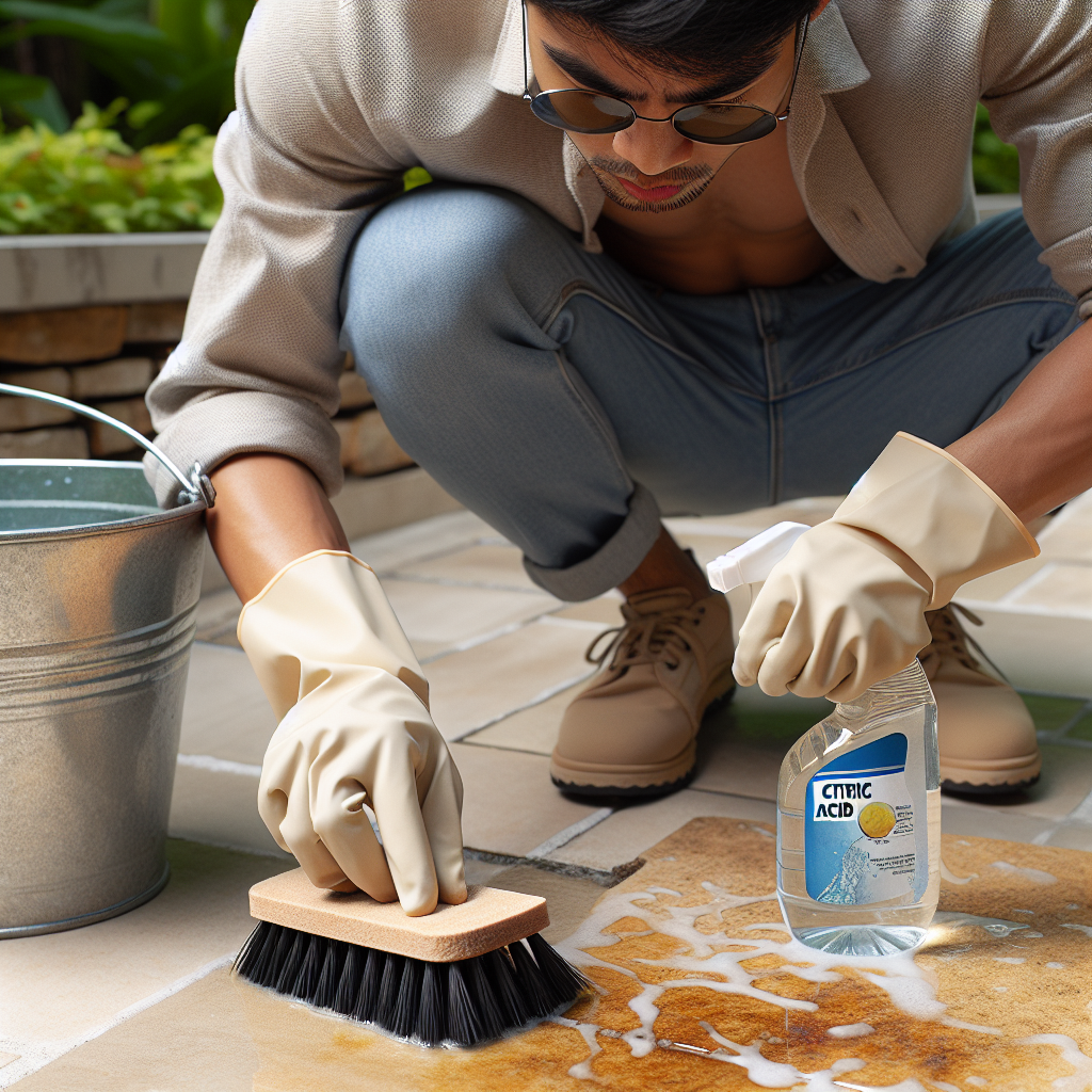 A person wearing protective gloves is actively scrubbing a stubborn rust stain on a beige stone slab using a soft-bristled brush, with a bucket of water and a spray bottle containing a clear liquid (citric acid solution) visible nearby. The stone is wet around the cleaned area. Realistic photography, bright outdoor lighting, focus on the cleaning process.