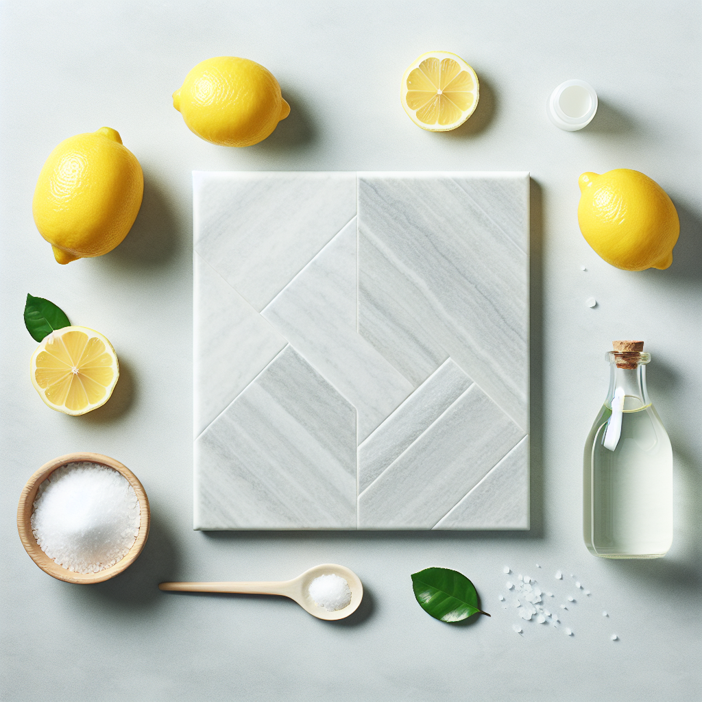 Flat lay arrangement on a clean, light surface. In the center, a perfectly clean light gray outdoor stone tile. Surrounding it are fresh, vibrant yellow lemons, a small bowl of white sea salt, and a clear bottle of white vinegar. The scene is bright, clean, and minimalist, emphasizing natural cleaning solutions.