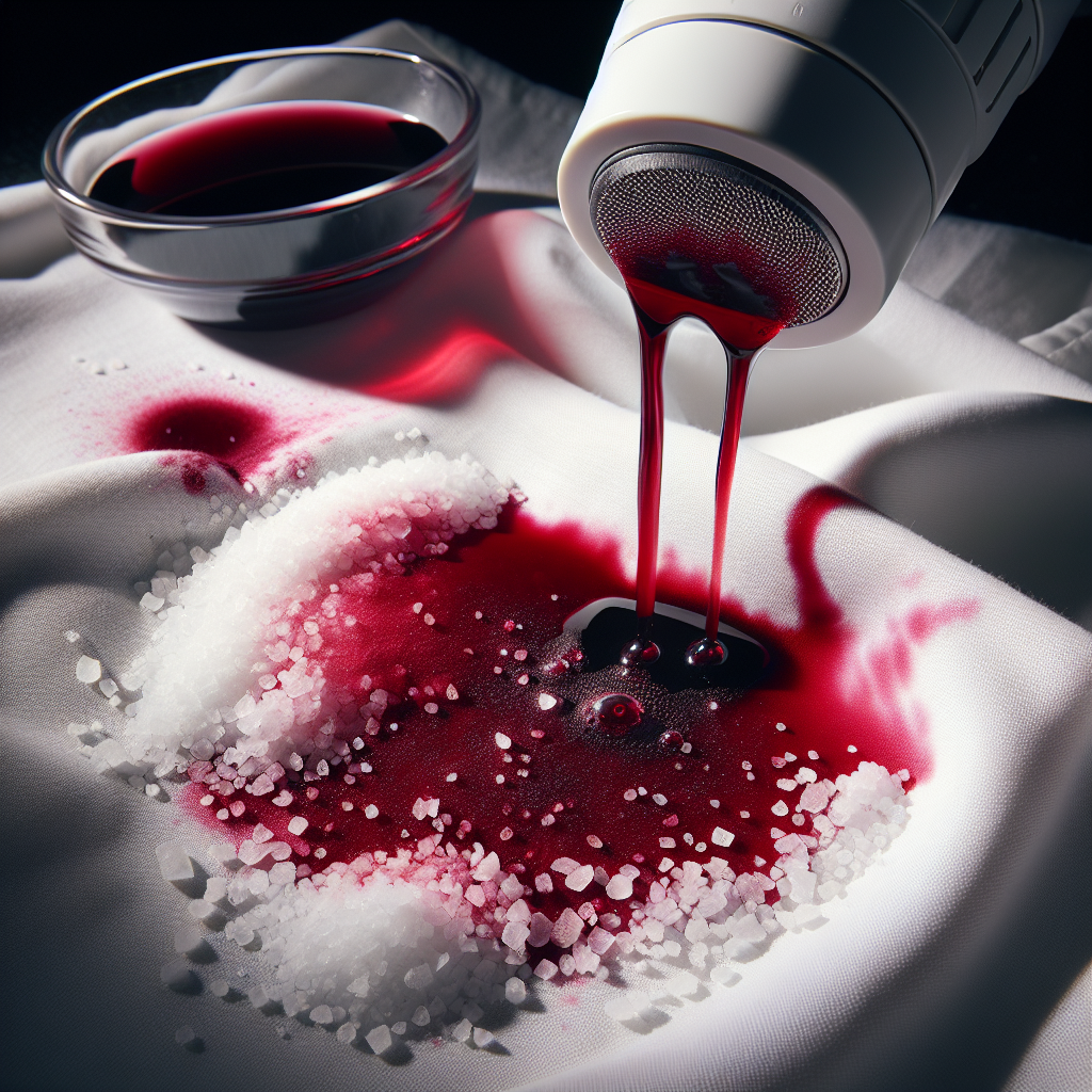 A studio shot featuring a vibrant red wine stain on a piece of white fabric. Coarse white salt is generously sprinkled over the entire stain, actively absorbing the red liquid. The scene highlights the chemical reaction and the effectiveness of the home remedy. Clean, bright lighting, focus on texture and detail.