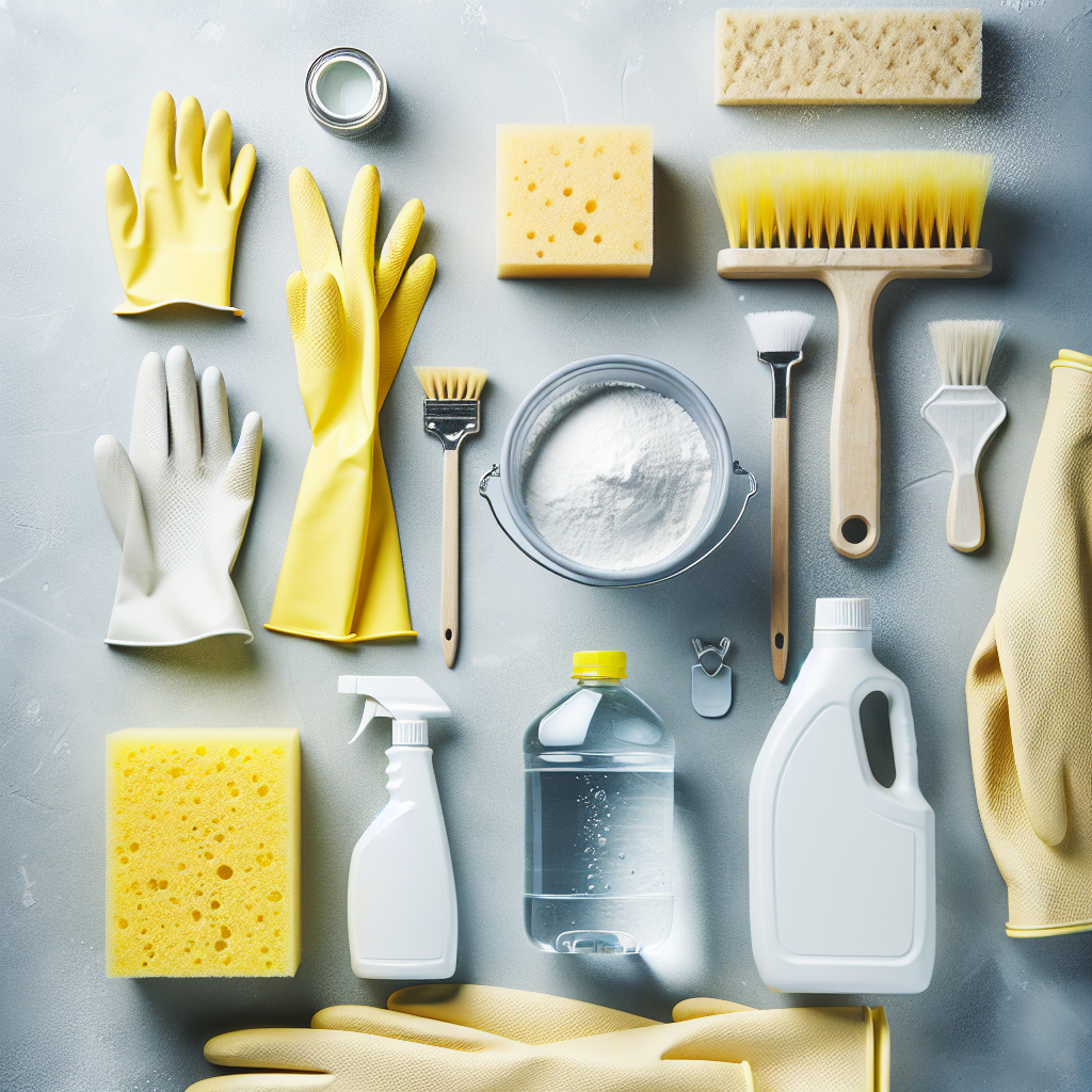 Overhead flat lay shot displaying all the essential tools and ingredients for removing acid stains from concrete, neatly arranged on a clean, light grey concrete surface. Include: a pair of yellow rubber work gloves, a robust scrub brush, a small plastic bucket, an open bag of white baking soda powder, a damp sponge, and a spray bottle filled with water. The lighting is bright and even, creating a clean, practical, and organized feel.