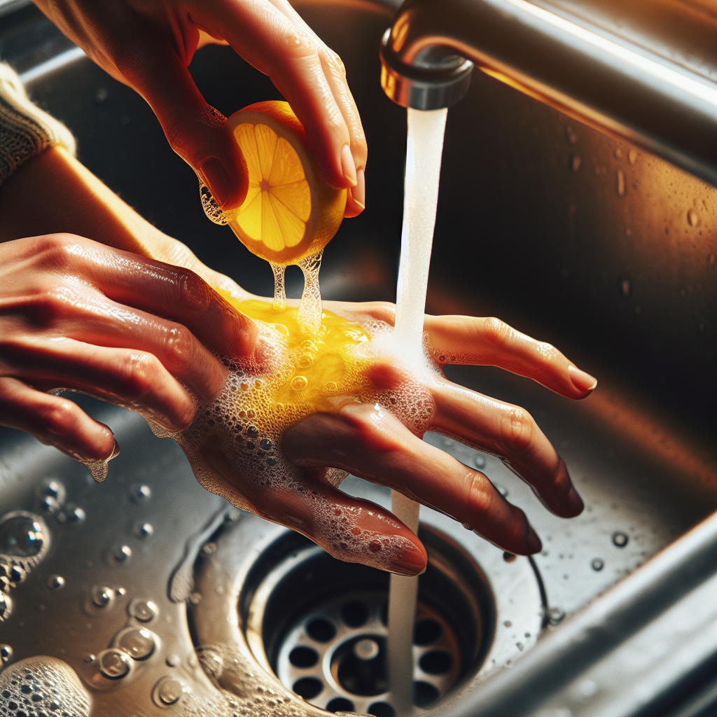 A person's hands under warm running water in a bright kitchen sink, gently scrubbing a yellow-orange stain off one hand with a lemon half. Soap bubbles are visible, and the scene conveys a sense of active cleaning and removal. Natural lighting, realistic style.