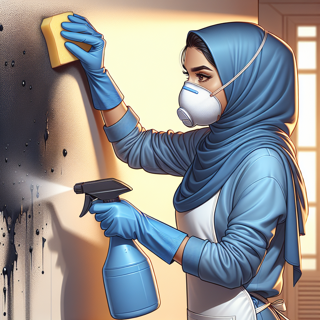 A person wearing blue protective gloves and a white respiratory mask, diligently cleaning black spots off a Rigips (drywall) wall with a spray bottle and a sponge. The scene should depict active cleaning and a section of the wall already looking cleaner. Bright, professional lighting, realistic style.