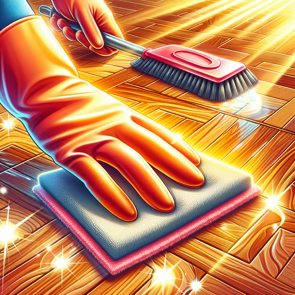 A bright, realistic photograph showing a section of a beautifully clean and polished wooden parquet floor. A hand, wearing a cleaning glove, is gently wiping the floor with a microfiber cloth, implying care and successful cleaning. Sunlight streams in, illuminating the gleaming surface.