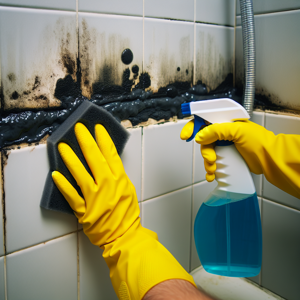 A pair of hands wearing yellow rubber gloves actively scrubbing black mold from shower silicone caulk with a scrub brush. A spray bottle of cleaner is visible nearby. The area being cleaned is visibly transforming from dirty to sparkling clean, with bright, fresh tiles.