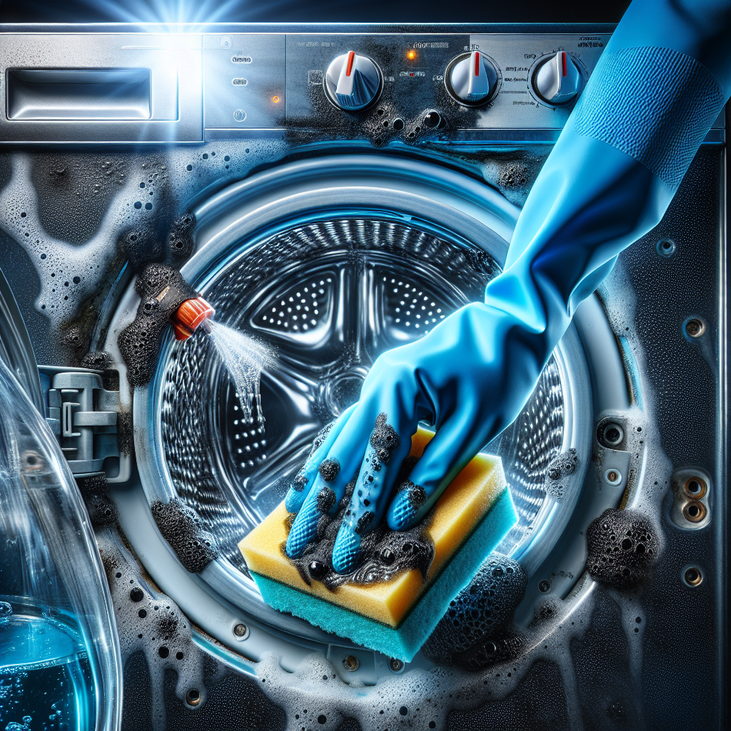A hand wearing a blue rubber glove is actively cleaning the black mold and grime from the rubber seal of a washing machine with a sponge and a spray bottle of cleaner. The background shows a partially cleaned, sparkling washing machine drum, conveying freshness and effective cleaning. Bright, well-lit, realistic photography style.