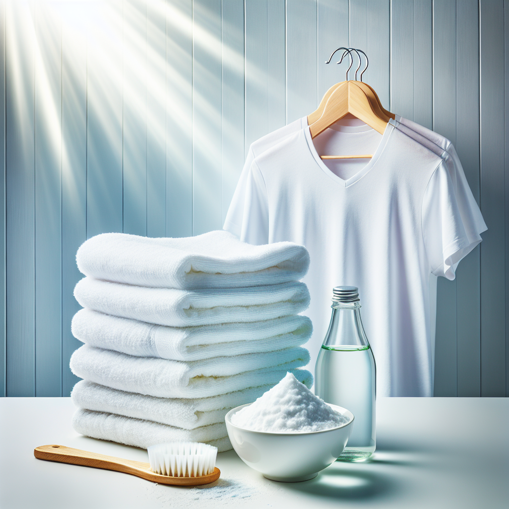 A vibrant, airy image of freshly washed, perfectly white laundry, perhaps a stack of towels or a hanging white shirt, gleaming under bright, clean light. In the foreground, a small bowl of baking soda paste and a bottle of vinegar, symbolizing effective home remedies. The overall mood should be one of success, cleanliness, and freshness.