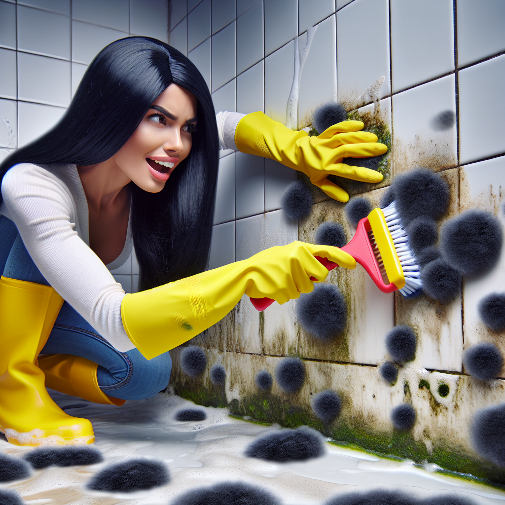 A person wearing yellow rubber cleaning gloves is actively scrubbing stubborn black mold and mildew from the grout lines of bathroom tiles with a stiff brush and a foaming cleaning solution. The image captures the dynamic action of cleaning and problem-solving, with focus on the cleaning process.