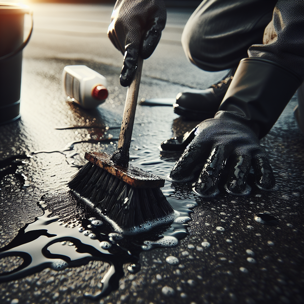 A person's hands, wearing heavy-duty cleaning gloves, are vigorously scrubbing a stubborn, dried black oil stain on a dark grey asphalt or textured concrete surface. A stiff bristled brush is being used, creating soap suds and water splashes. A bucket and a bottle of cleaning solution are visible nearby in the background. The lighting is strong, emphasizing the effort and the texture of the surface. Realistic photo.
