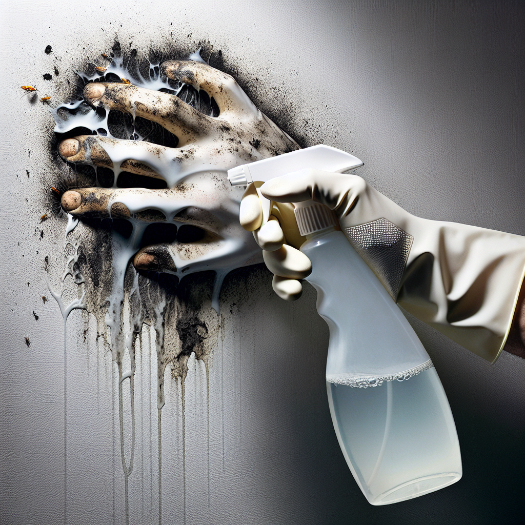 A close-up, realistic photograph of a hand wearing a white latex glove, holding a spray bottle filled with a clear liquid (implying a cleaning solution or home remedy like vinegar). The hand is actively spraying a section of a white wall where black mildew (Schwarze Stockflecken) is visibly being wiped away by a clean white cloth held in the other hand. The image captures the dynamic action of cleaning and progress, with bright, clean lighting and a sense of cleanliness emerging.