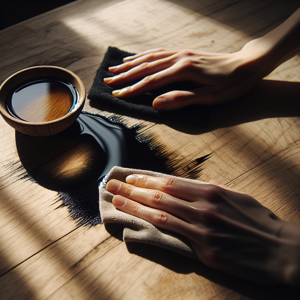 A pair of hands gently wiping away a noticeable black water stain from a wooden surface using a soft cloth. In the background, slightly out of focus, a small bowl holds a clear liquid mixture (suggesting vinegar and oil). The scene conveys a sense of careful restoration and cleaning, with natural daylight highlighting the wood's texture and the action. Focus on the process of removing the stain, clean and practical aesthetic.