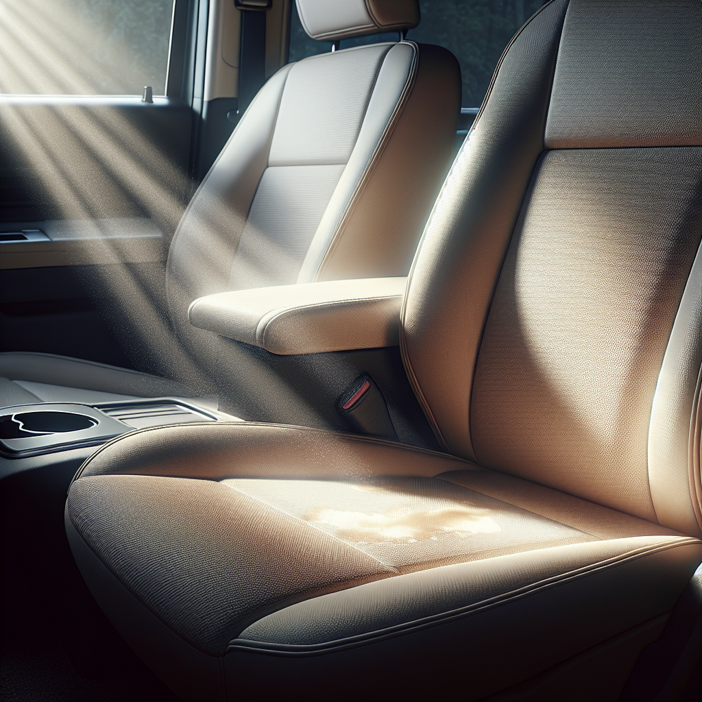 A pristine, fresh-looking car interior, focusing on a clean and dry car seat, free of any stains or discoloration. The seat material (e.g., fabric or leather) looks inviting and well-maintained, with soft, natural light entering through a car window, conveying a sense of cleanliness and comfort.