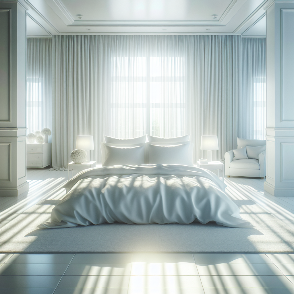 Bright and airy bedroom scene with a perfectly made bed featuring pristine, crisp white cotton bedding. Soft morning sunlight streams through a window, creating a fresh, clean, and inviting atmosphere, symbolizing renewed hygiene.