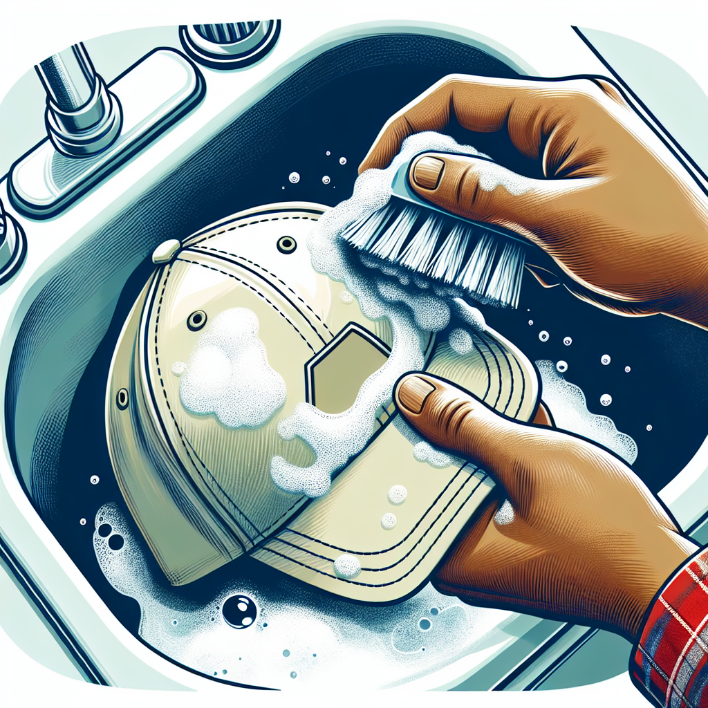 Hands gently hand-washing a light-colored baseball cap with a soft brush and mild soap, creating white foam around the sweat-stained brim. The cap is placed in a clean sink or basin. Bright, clean aesthetic, focus on the cleaning action and the cap, realistic, step-by-step guide illustration style.