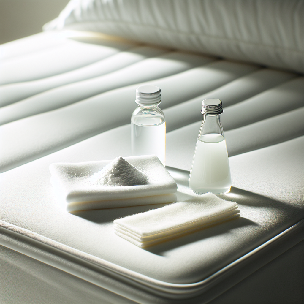 A minimalist, clean shot of a pristine white mattress surface. Arranged neatly on the mattress are small, natural cleaning items: a small pile of white baking soda, a bottle of clear white vinegar, and a clean white microfiber cloth. The background is softly blurred to emphasize the cleaning agents. Bright, natural lighting, conveying effectiveness and simplicity.