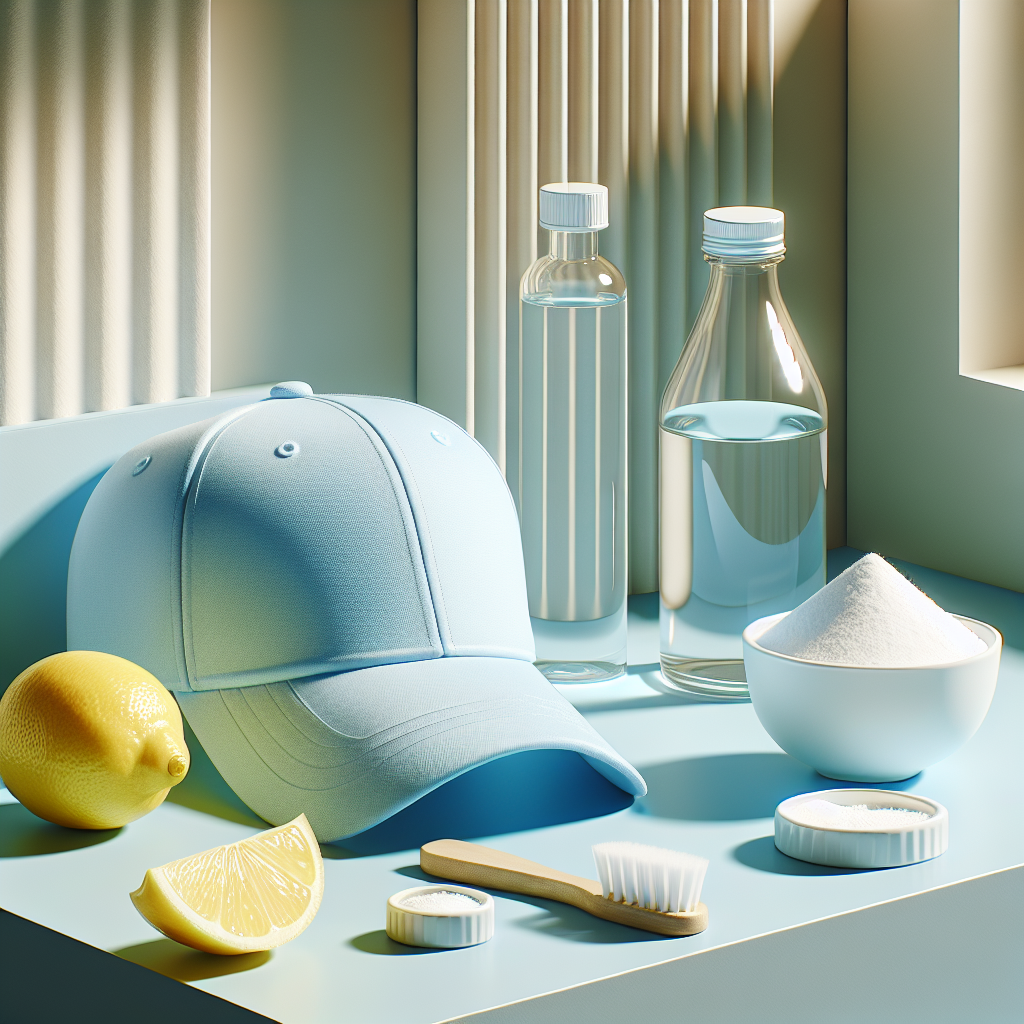 A pristine, clean baseball cap, looking fresh and vibrant, placed on a light, minimalist surface. Next to it, subtly arranged, are a small glass bowl containing white baking soda, a freshly cut lemon half, and a small, clear bottle of white vinegar. The scene should convey cleanliness and the power of natural remedies. Bright, high-key lighting, modern aesthetic.