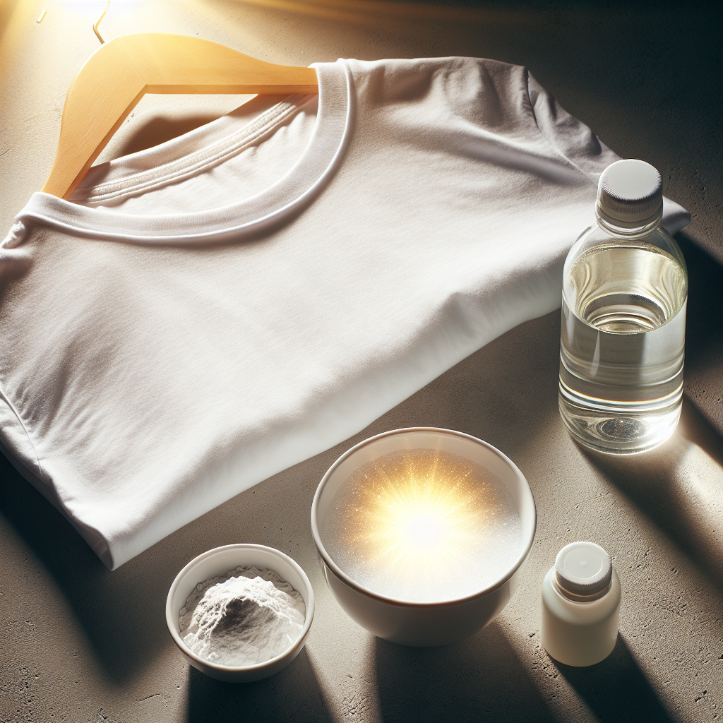 A sparkling clean, bright white t-shirt, freshly laundered and looking perfectly new, hanging neatly. In the foreground, out of focus, are a bowl of white powder (like baking soda) and a bottle of clear liquid (like vinegar), subtly hinting at the effective cleaning remedies. The overall image should evoke freshness and success.