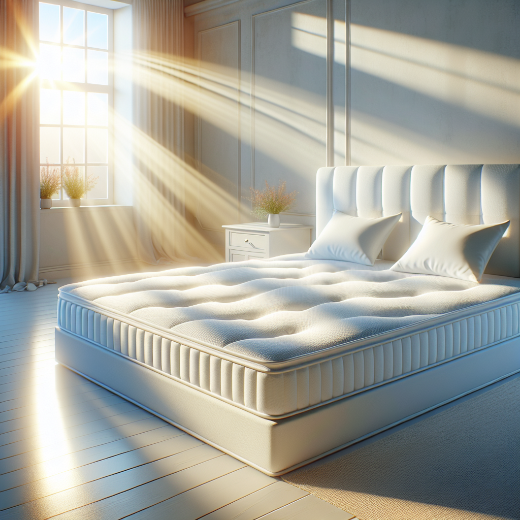 A bright, inviting bedroom scene featuring a pristine, perfectly clean white mattress. Sunlight streams in through a window, illuminating the fresh and hygienic surface, free of any stains. The overall atmosphere conveys comfort, cleanliness, and a sense of well-being. Soft, inviting feel. Photorealistic style.