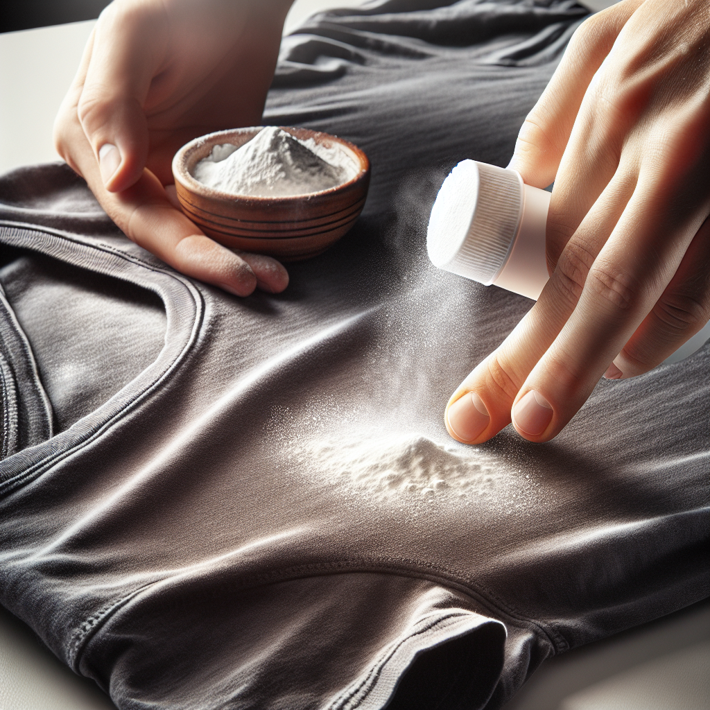 Hands gently sprinkling white baking powder onto the armpit area of a slightly damp, dark grey t-shirt laid flat on a clean surface. A small ceramic bowl with baking powder is visible in the background. Bright, clean lighting, focus on the action, realistic photography style.