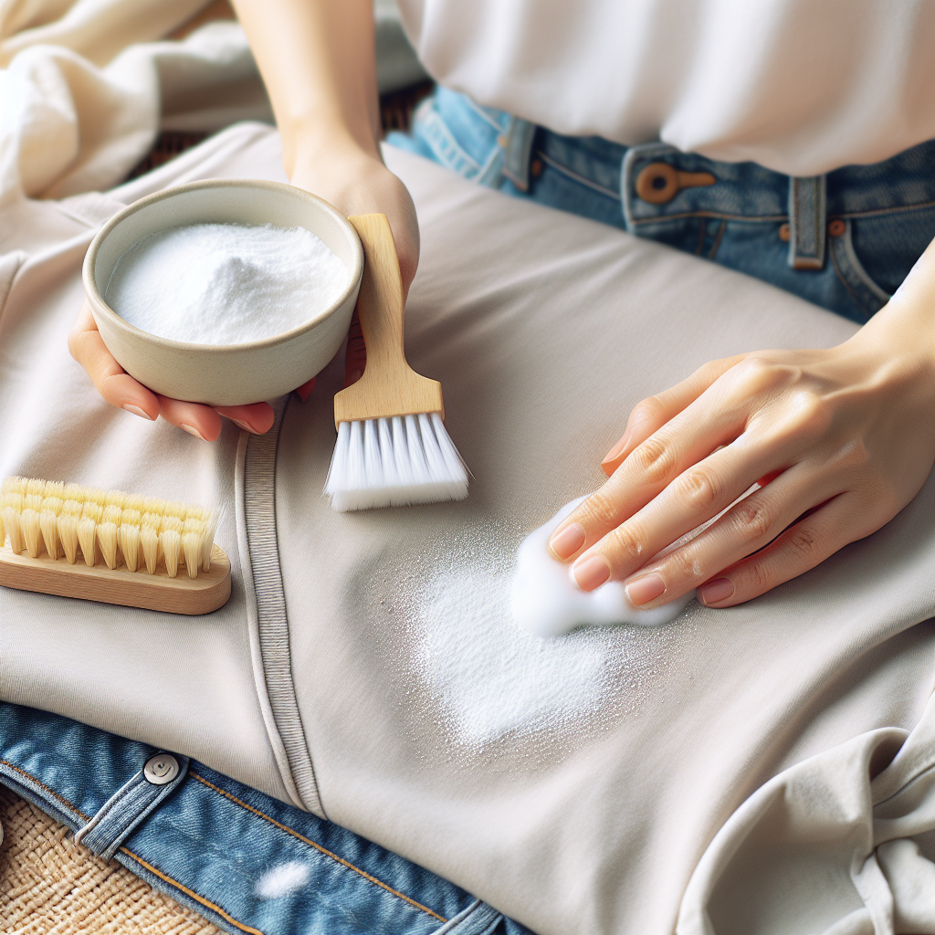 A high-angle, close-up photograph showing hands carefully applying a thick white baking soda paste onto a visible yellow sweat stain on a light-colored fabric, possibly a t-shirt. A small bowl containing more baking soda paste and a soft cleaning brush are out of focus in the background. The scene suggests a clean, practical home cleaning environment with good natural light.