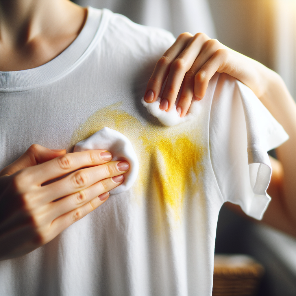 A person's hands, clean and gentle, applying a white paste (representing baking soda or Natron) directly onto a yellow sweat stain on the armpit area of a white t-shirt. The background is a softly blurred, clean laundry room or bathroom setting, emphasizing the practical application. Realistic, helpful, and bright photography style.