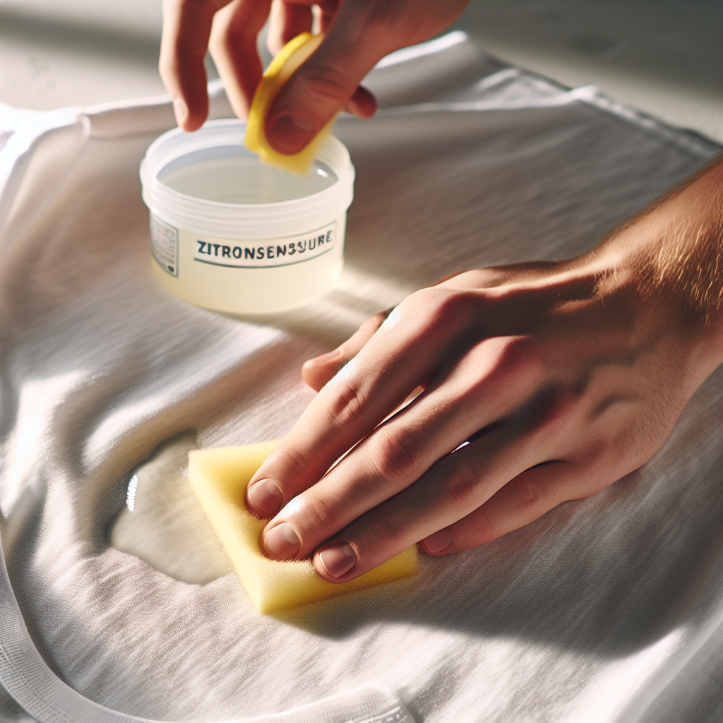 Close-up shot of a hand gently dabbing a clear, light-colored liquid from a sponge onto a subtle, yellow-ish sweat stain on a light fabric, possibly a white cotton t-shirt. The fabric is laid flat on a clean, light-colored surface. In the background, slightly out of focus, a small container of 'Zitronensäure' (citric acid) or a freshly cut lemon. Focus on the action of stain removal, clean and practical aesthetics, natural light.