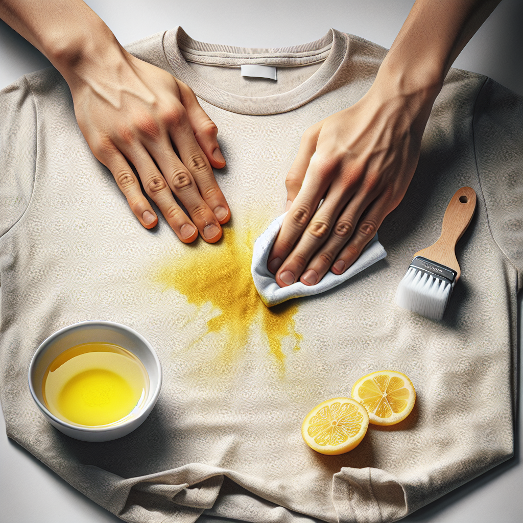 A pair of hands gently but effectively scrubbing a yellow sweat stain on the underarm of a light-colored t-shirt. Next to the shirt, a small bowl containing a home remedy like a baking soda paste or a lemon half is visible. The scene is well-lit, clean, and conveys the action of actively removing a stain. Realistic, detailed photography.