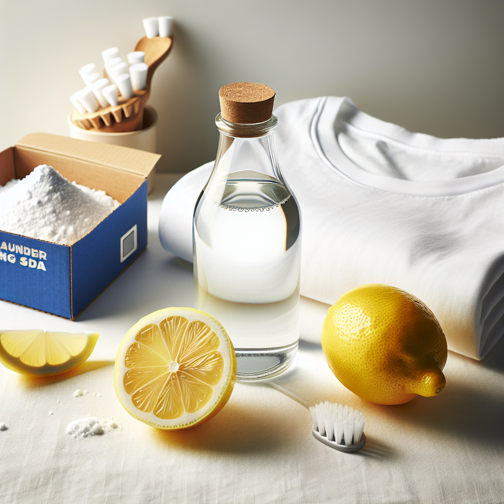 A bright, clean image showcasing common household remedies – a bottle of white vinegar, a sliced lemon, and a box of baking soda – neatly arranged around a pristine, freshly laundered white t-shirt. The scene conveys a sense of effectiveness and freshness, with soft, diffused lighting. Studio product photography style.
